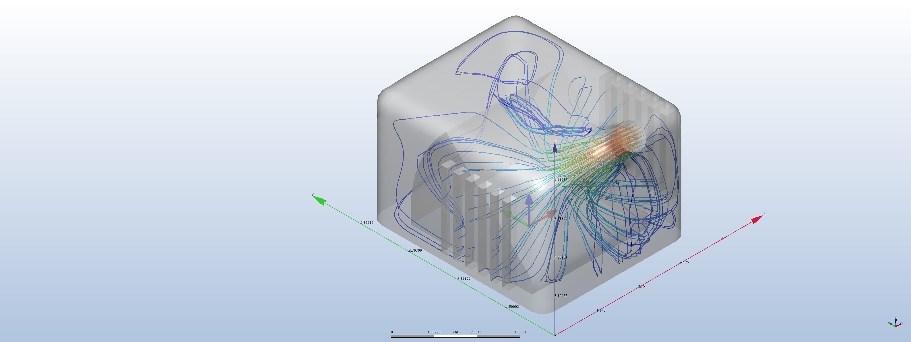 Isometric Autodesk CFD streamline analysis within the sensor chamber